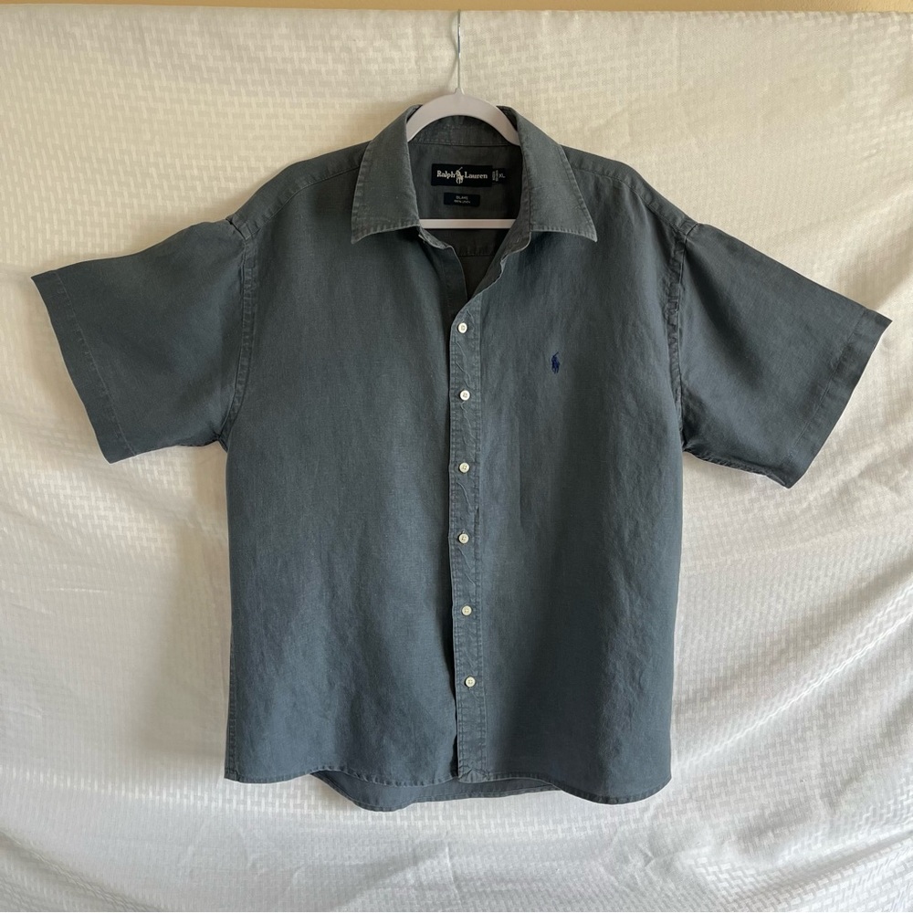 Ralph Lauren Blake 100% Linen Button Up Short Sleeve Collared Shirt Blue Size XL